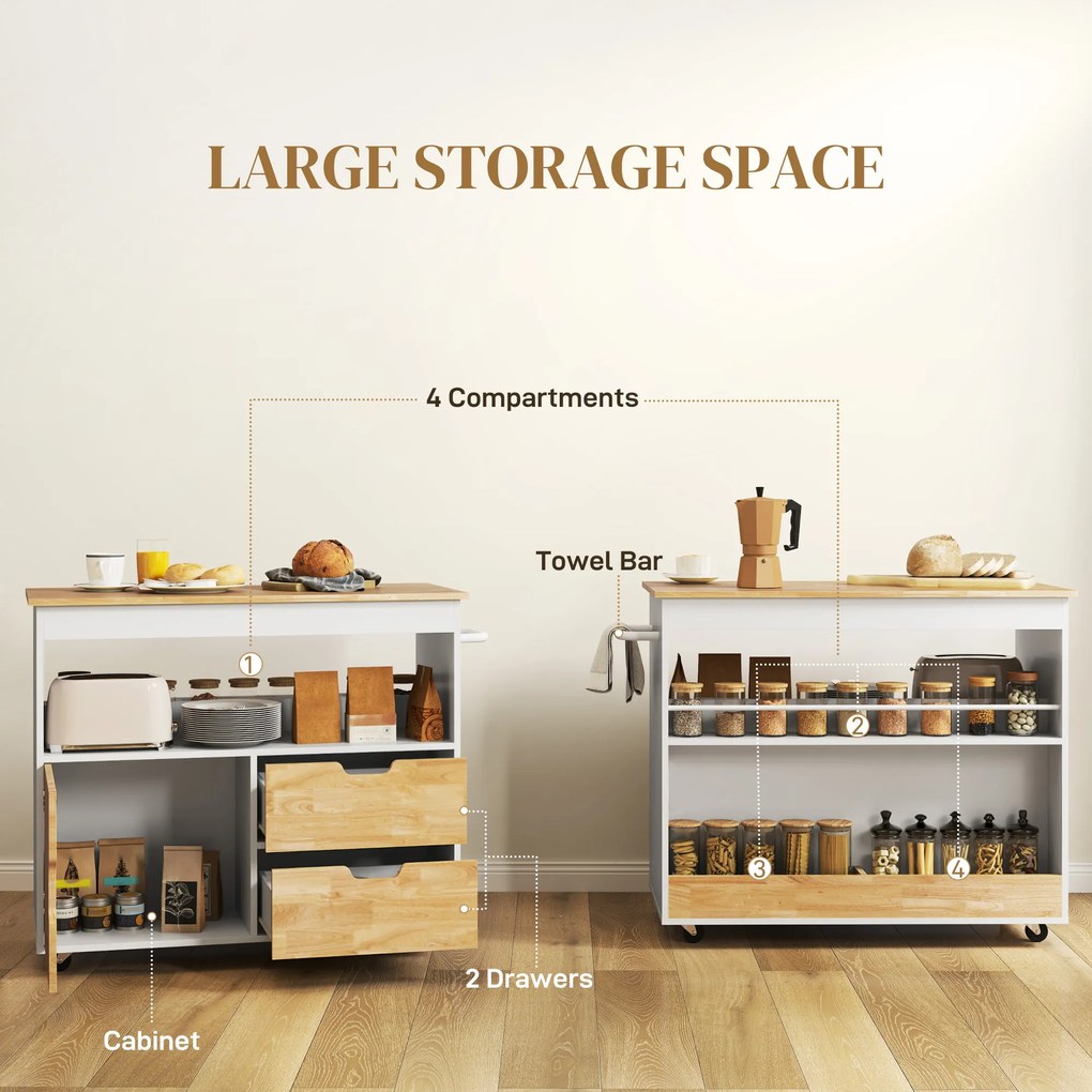 HOMCOM Wózek kuchenny, przenośna wyspa kuchenna, trolley kuchenny z przegrodami, szafką i blatem roboczym, Biały