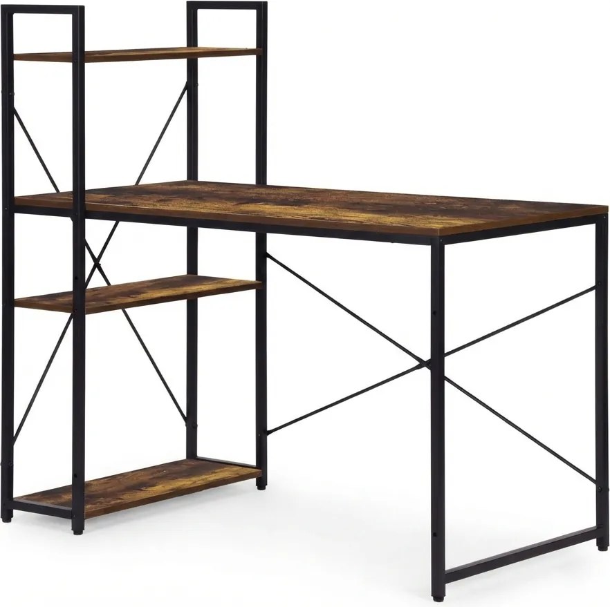 Biurko z regałem LOFTY 120x60 cm, czarne / rustykalnie brązowe