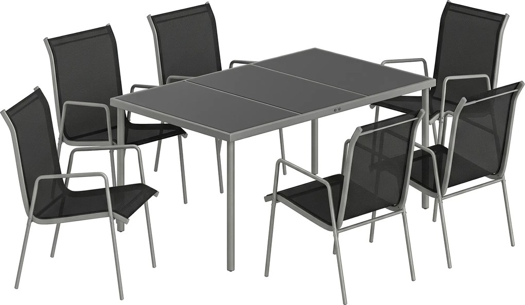 Outsunny Zestaw Mebli Ogrodowych 150 x 90cm Stół z 6 Oddychającymi Krzesłami Szkło Hartowane | Aosom PL