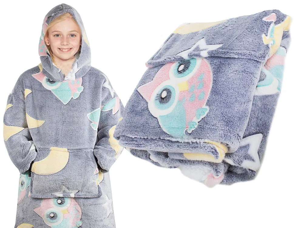 Dziecięca świecąca bluza kocowa z rękawami i kapturem SHINING OWL szara