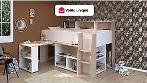 Łóżko piętrowe 90 x 200 cm z biurkiem i schowkami - Biały i naturalny + Materac - APOLINO