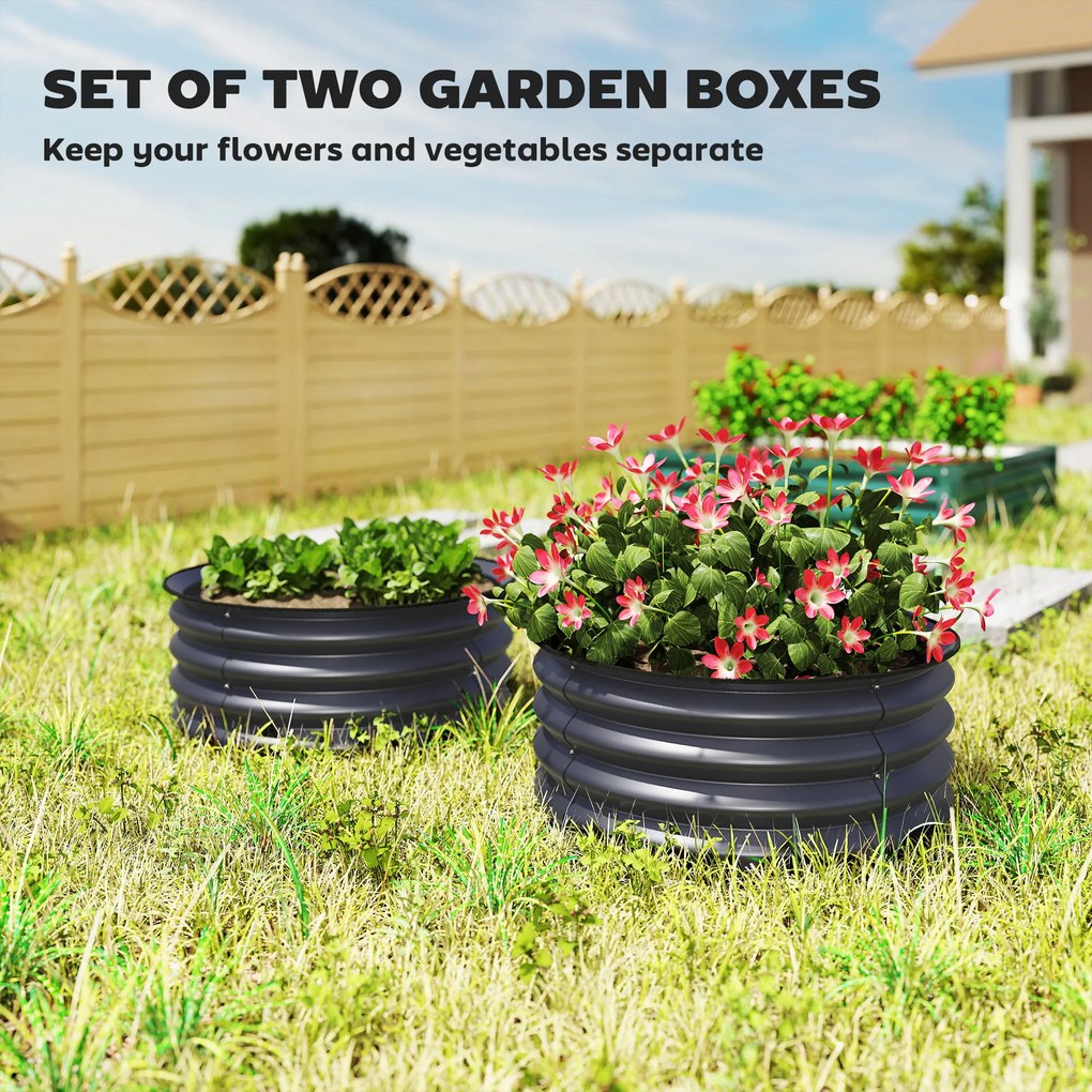 Outsunny Zestaw 2 ocynkowanych pojemników do sadzenia, Ø60 x 30H cm donice z otwartym dnem na różne rośliny, Ciemnoszary