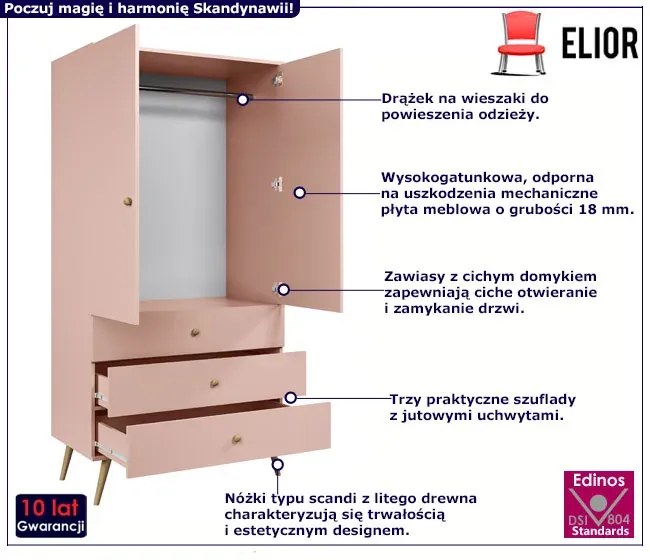 Różowa szafa z drążkiem i 3 szufladami F8-M96