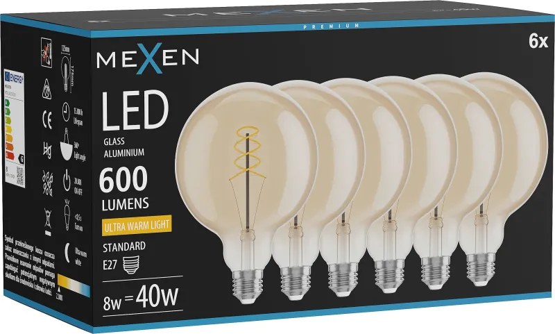 Mexen Vintis 6x żarówka filament spirala LED E27, G125, 8W, Ciepła - 2200K, 600 lm, amber - L168-E27-0822-50x06