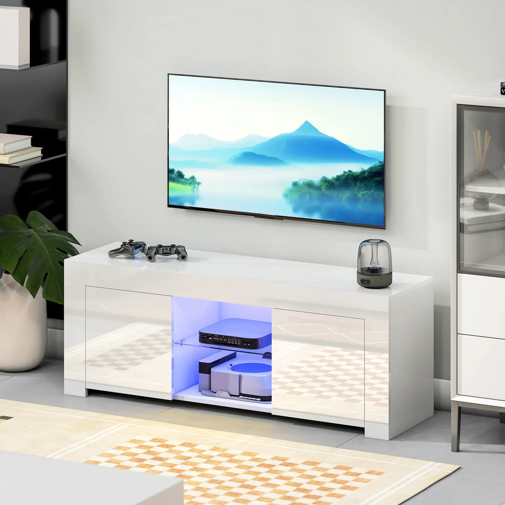 HOMCOM Stolik RTV z LED biała szafka pod telewizor do salonu z półką szklaną i otworami na kable | Aosom PL