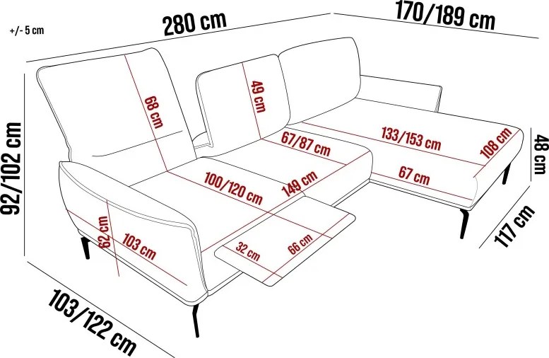 Narożnik STORM S układ L z funkcją regulacji oparcia i wysuwu podnóżka WERSAL