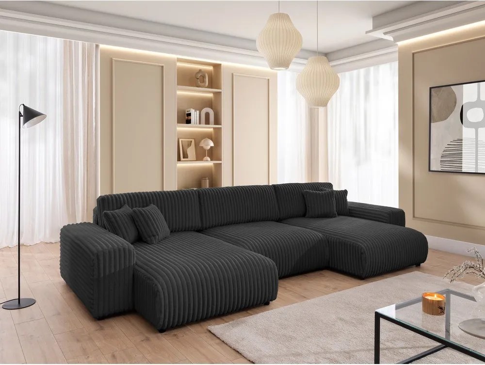 Ciemnoszary sztruksowy rozkładany narożnik ze schowkiem (w kształcie litery U) Sarina – Ropez