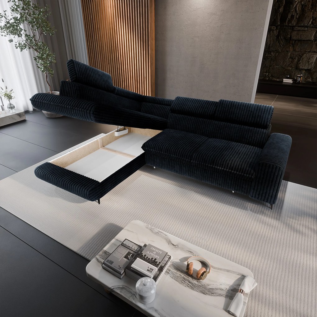 Masseno Narożnik VELISS z funkcją spania i pojemnikiem na pościel Rozkładana sofa do Salonu - Czarny, TILIA 100