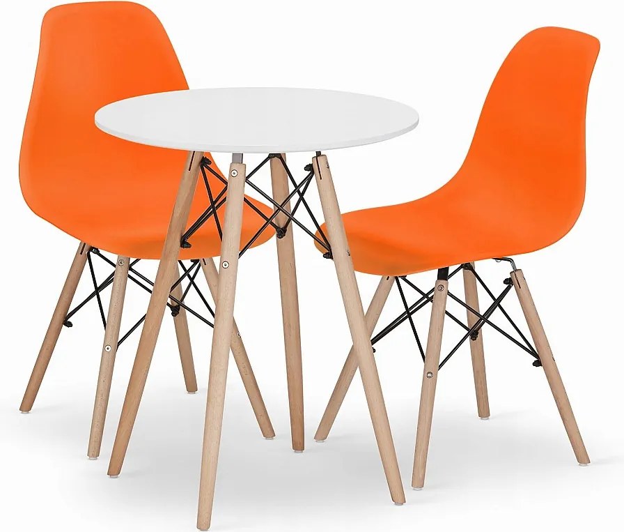 Zestaw Valora KOVA 60 okrągły stół biały MDF + 2 pomarańczowe krzesła OSAKA
