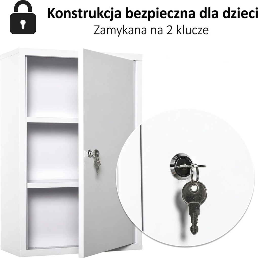 Kleankin apteczka szafka na leki stalowa biała z zamkiem trzy półki apteczka pierwszej pomocy do domu | Aosom PL