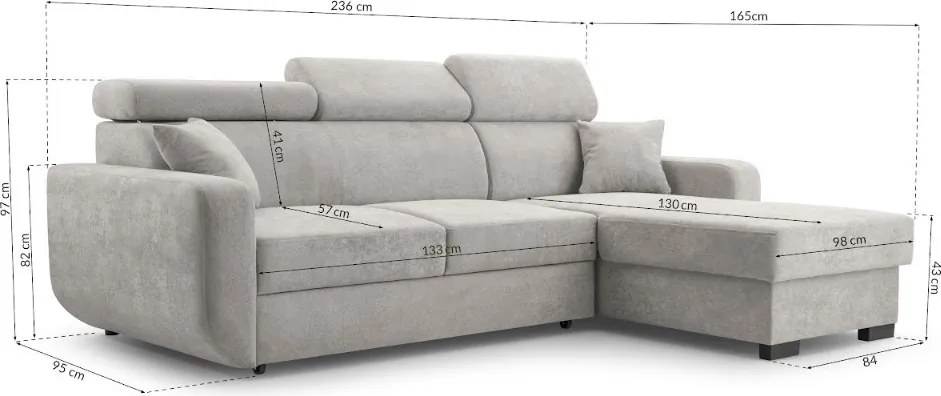 Masseno Narożnik CASTELLO z funkcją spania i pojemnikiem na pościel Narozniki L, Rozkładana sofa - Szary, VELO 636