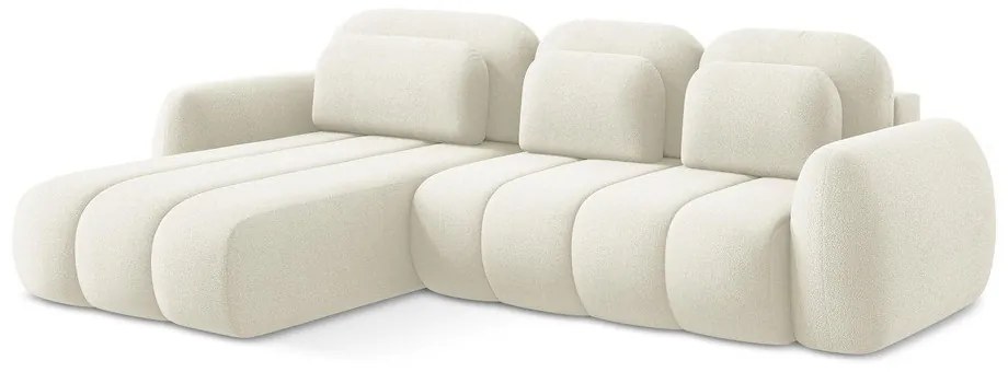 Beżowy rozkładany narożnik z materiału bouclé ze schowkiem (lewostronny/z szezlongiem) Pele – Makamii