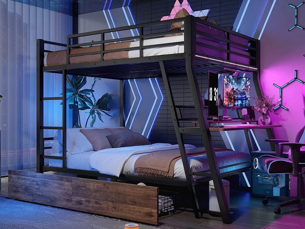 Łóżko piętrowe 140x200 cm - z oświetleniem LED - z 2 szufladami - z rampą + drabinką - z biurkiem - czarne