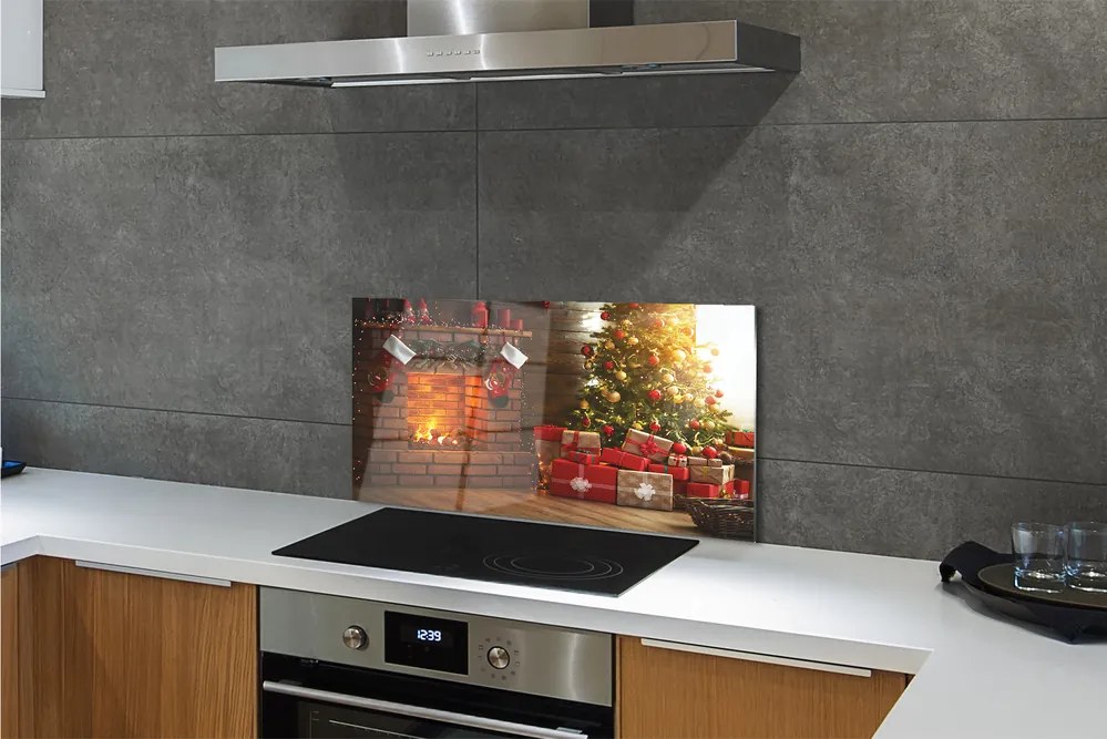 Szklany Panel Świąteczny Kominek z Prezentami