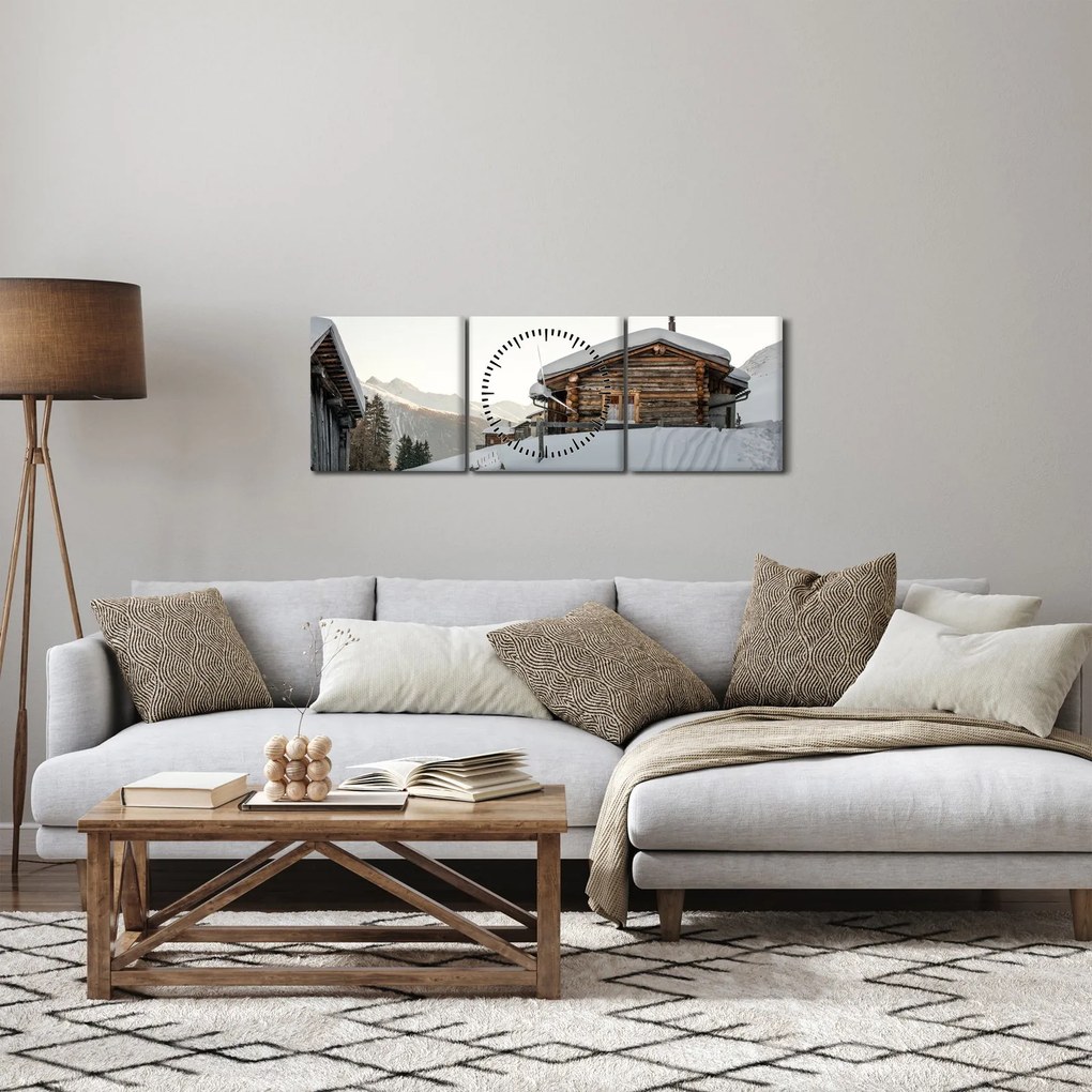 Obraz - chata górska w śniegu (z zegarem) (90x30 cm)