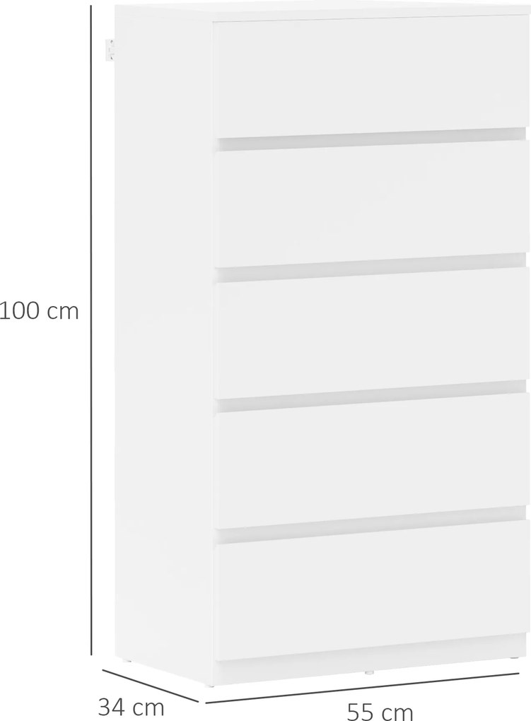 HOMCOM Komoda Sideboard z 5 szufladami, 55 cm szer x 34 cm gł x 100 cm wys, Biała