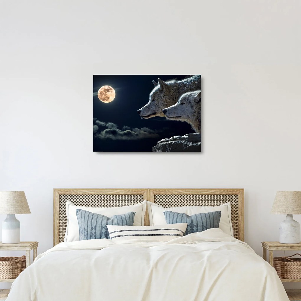 Obraz na szkle - wilki wyjące do księżyca (70x50 cm)