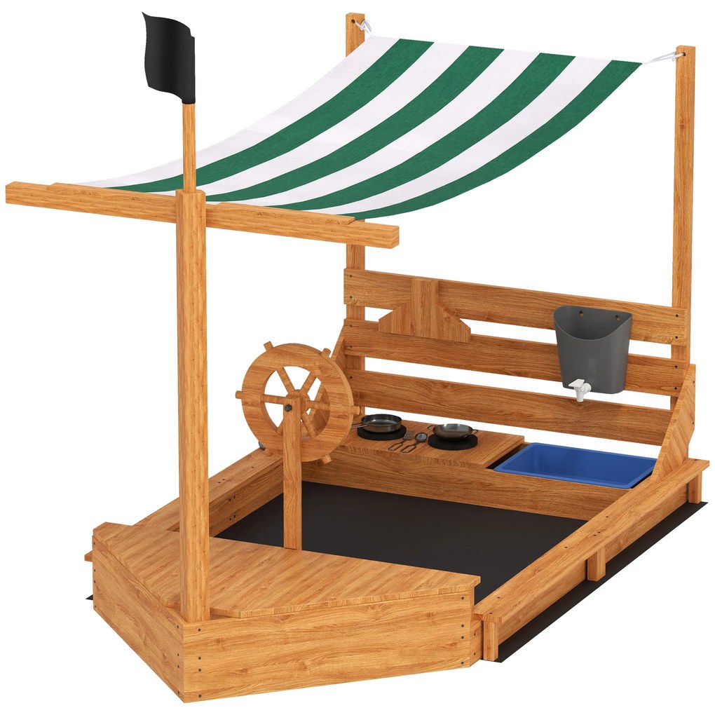 Outsunny Piaskownica z osłoną przeciwsłoneczną Piracki Statek, w zestawie zestaw kuchenny dla dzieci, Drewno Jodłowe, 180 x 103 x 144,5 cm, Pomarańczowy