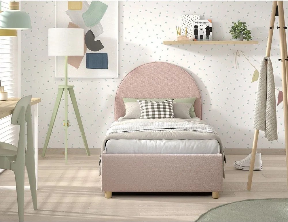 Różowe tapicerowane łóżko jednoosobowe ze schowkiem i stelażem 90x200 cm Moon – Vipack
