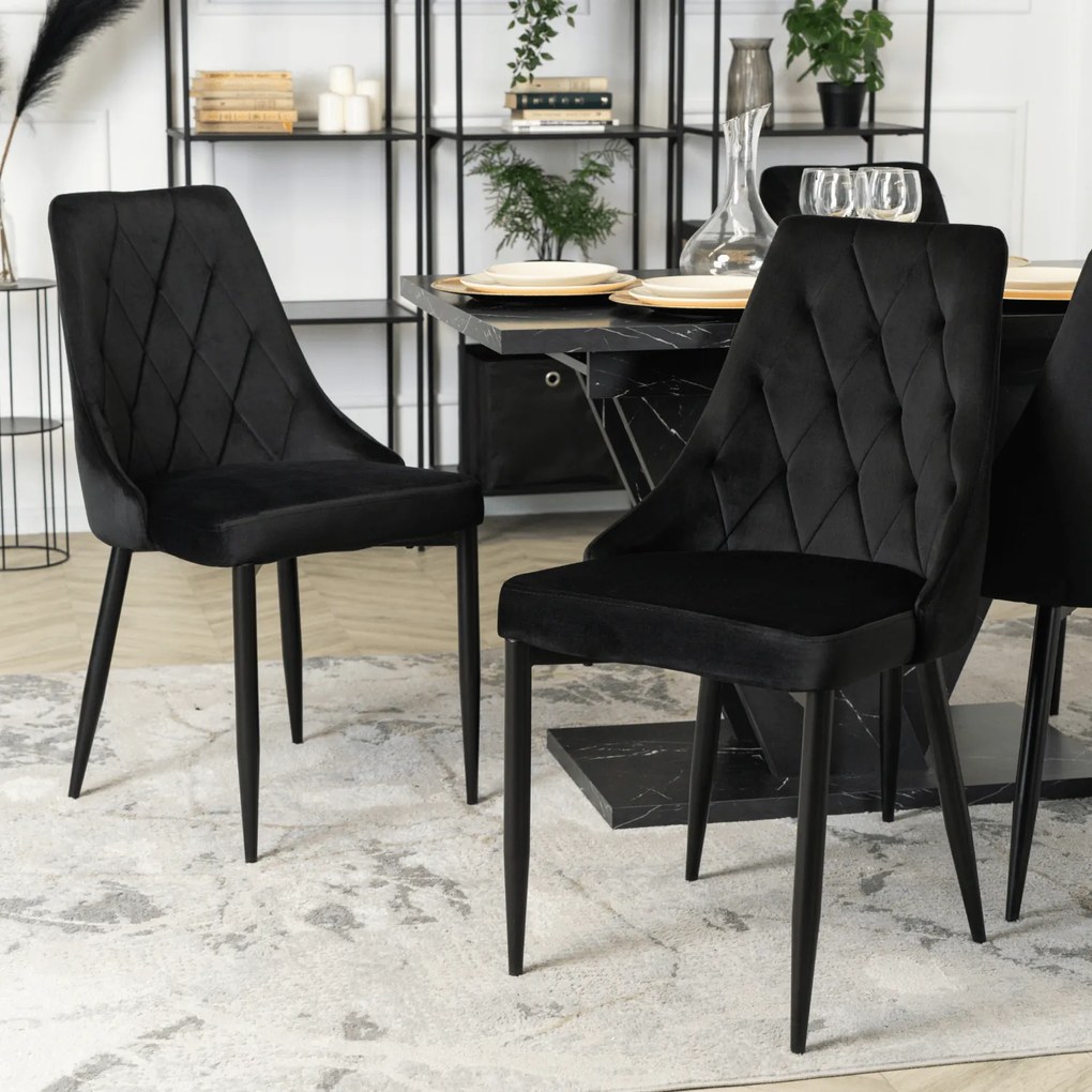 Zestaw Stół Prostokątny Rozkładany CLARK 120-160 cm Czarny Marmur i 4 Krzesła Tapicerowane CORK Czarne Welurowe Loft