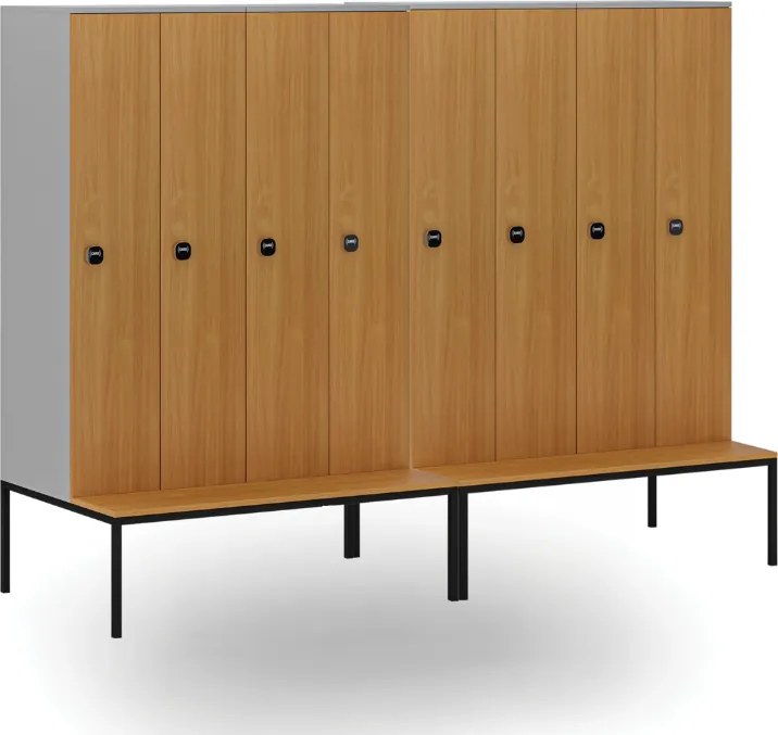 Drewniana szafa ubraniowa S4 z ławką, 4-drzwiowa, 1871 x 1200 x 500/800 mm, demontaż, zamek RFID, szary/buk