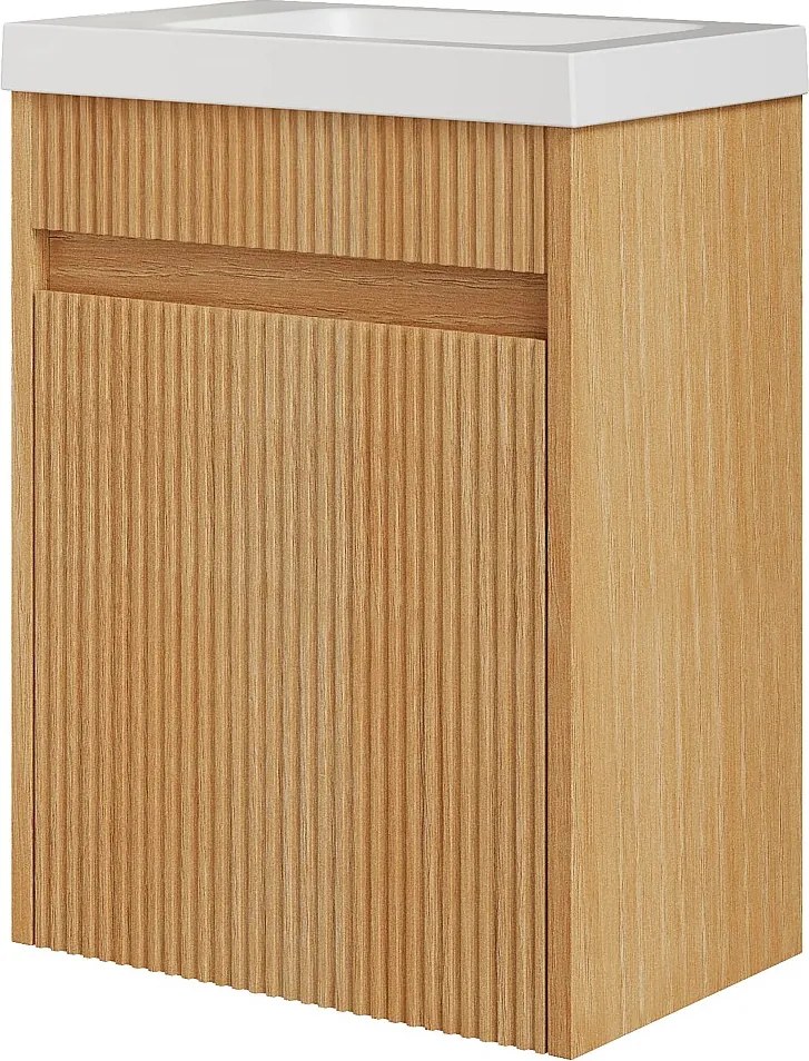 Wisząca szafka pod umywalkę z prążkowanego drewna jesionowego z umywalką z matowej białej żywicy - Naturalny jasny - 40 x 25,5 x 54 cm - DROVI