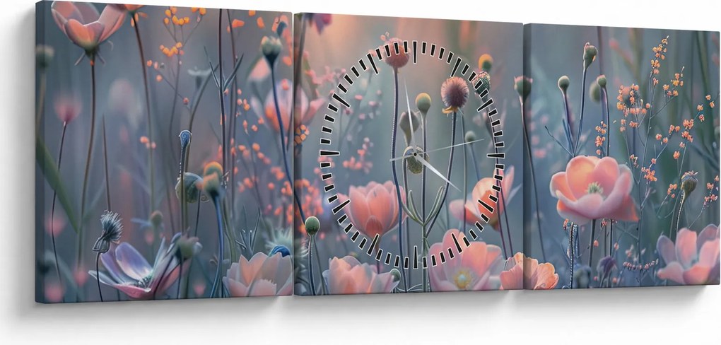 Obraz - Kwiaty w pastelowych kolorach (z zegarem) (90x30 cm)