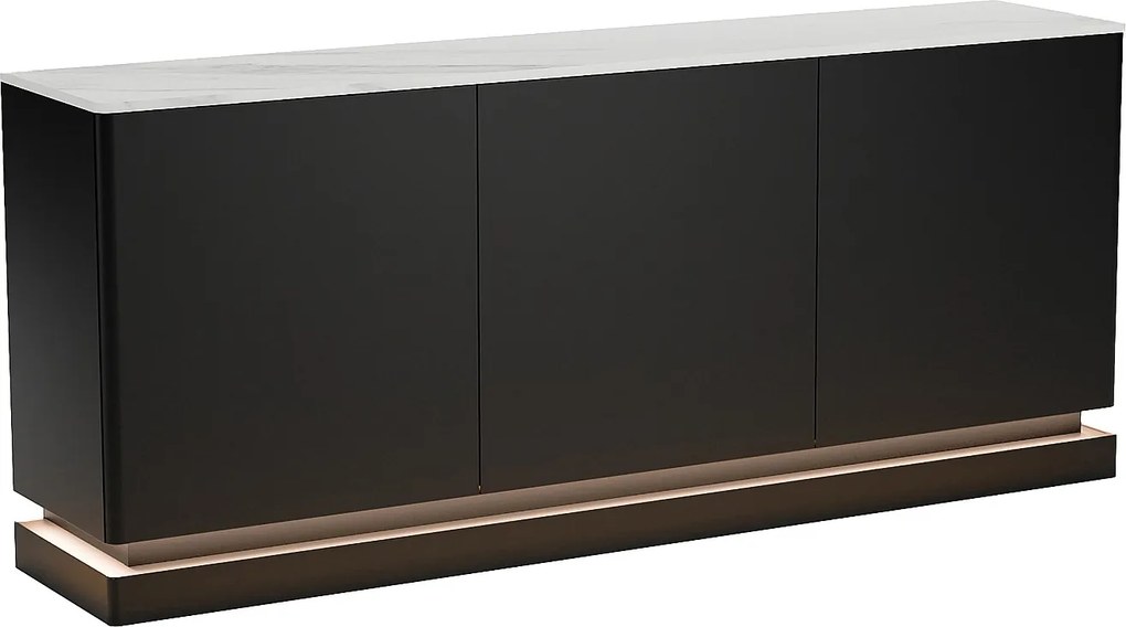 Komoda 3-drzwiowa z oświetleniem LED z MDF - Czarny i efekt białego marmuru - DEVIKA Pascala Morabito