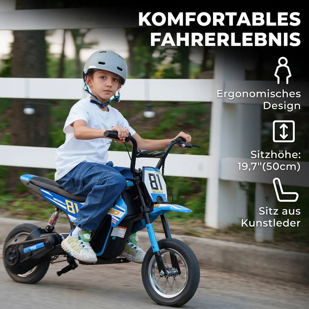 AIYAPLAY Elektryczny motocykl dziecięcy 24 V Motocross z silnikiem 250W, akumulator 7Ah, tylne zawieszenie, hamulec tarczowy, 16 km/h, 8–12 lat | Aosom PL