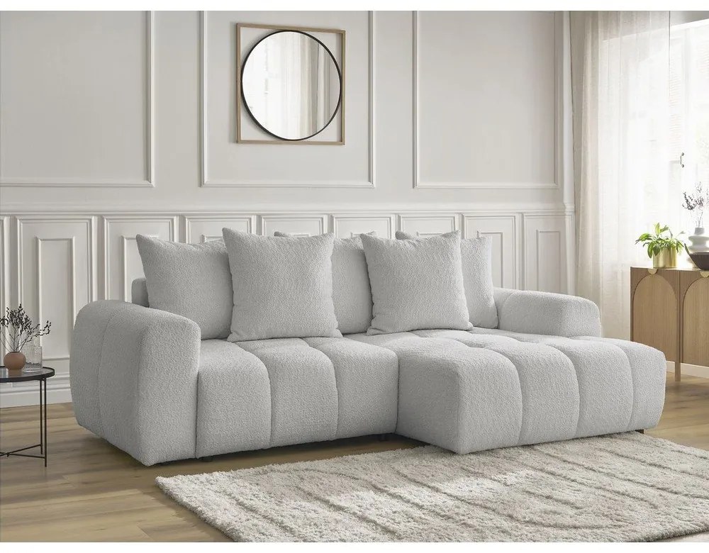 Jasnoszary rozkładany narożnik z materiału bouclé ze schowkiem (prawostronny/z szezlongiem) Roxelane – Bobochic Paris