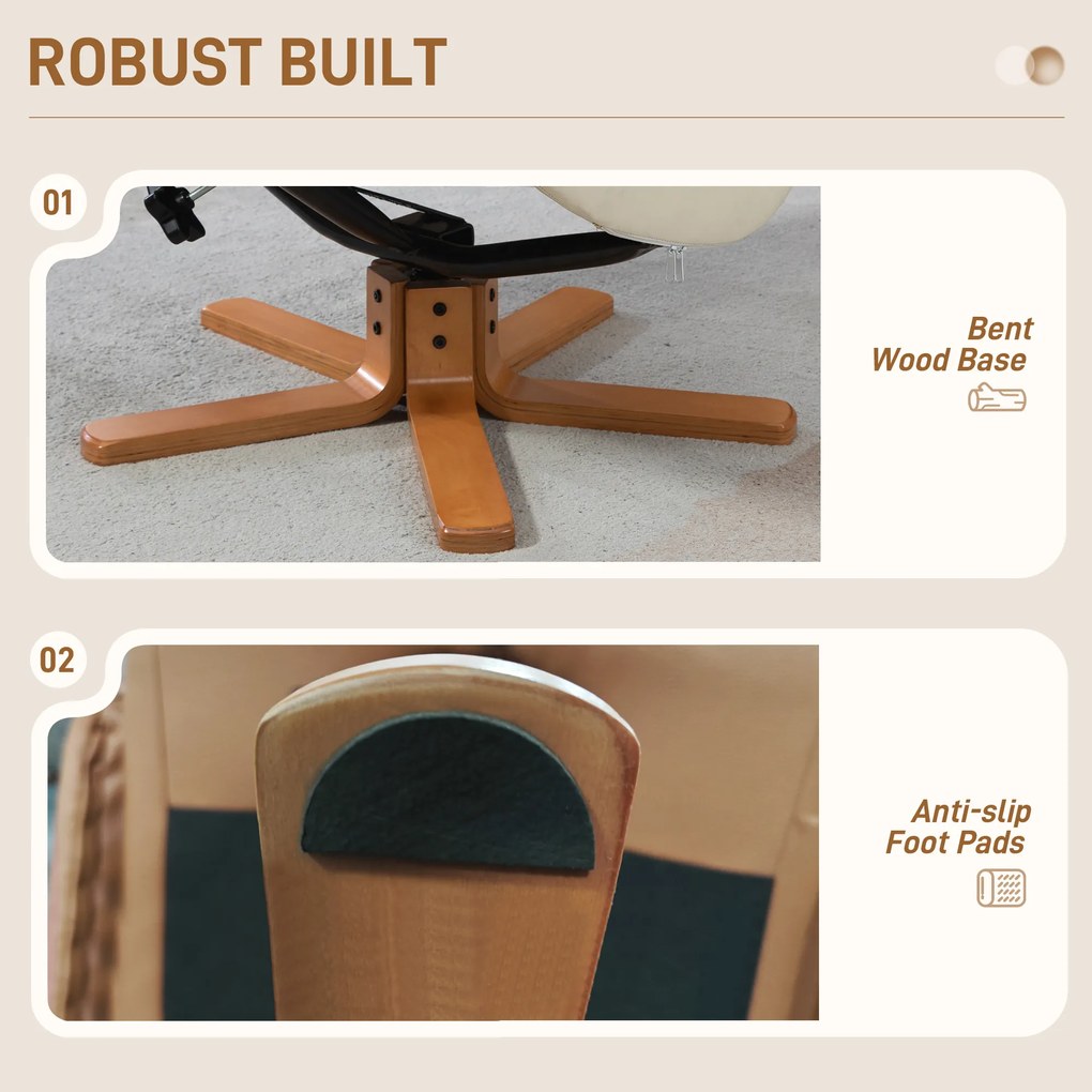 HOMCOM Fotel Wypoczynkowy z Podnóżkiem, Funkcja Leżenia, Pokrycie Skóra Ekologiczna, do 150 kg, 71 x 84 x 102 cm, kolor Kremowy
