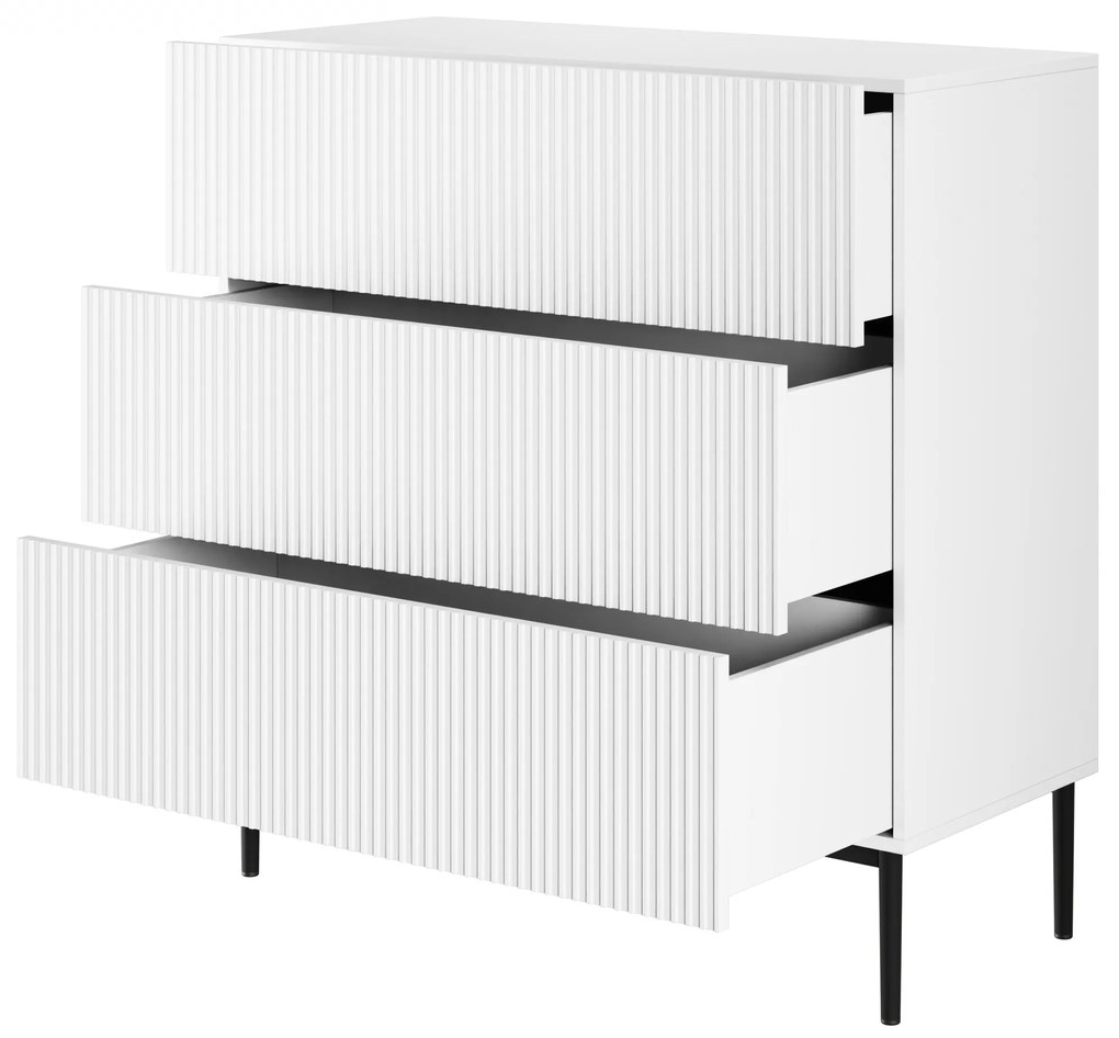 Komoda Nicole 100 cm z szufladami z ryflowanym frontem - biały mat / czarne nóżki