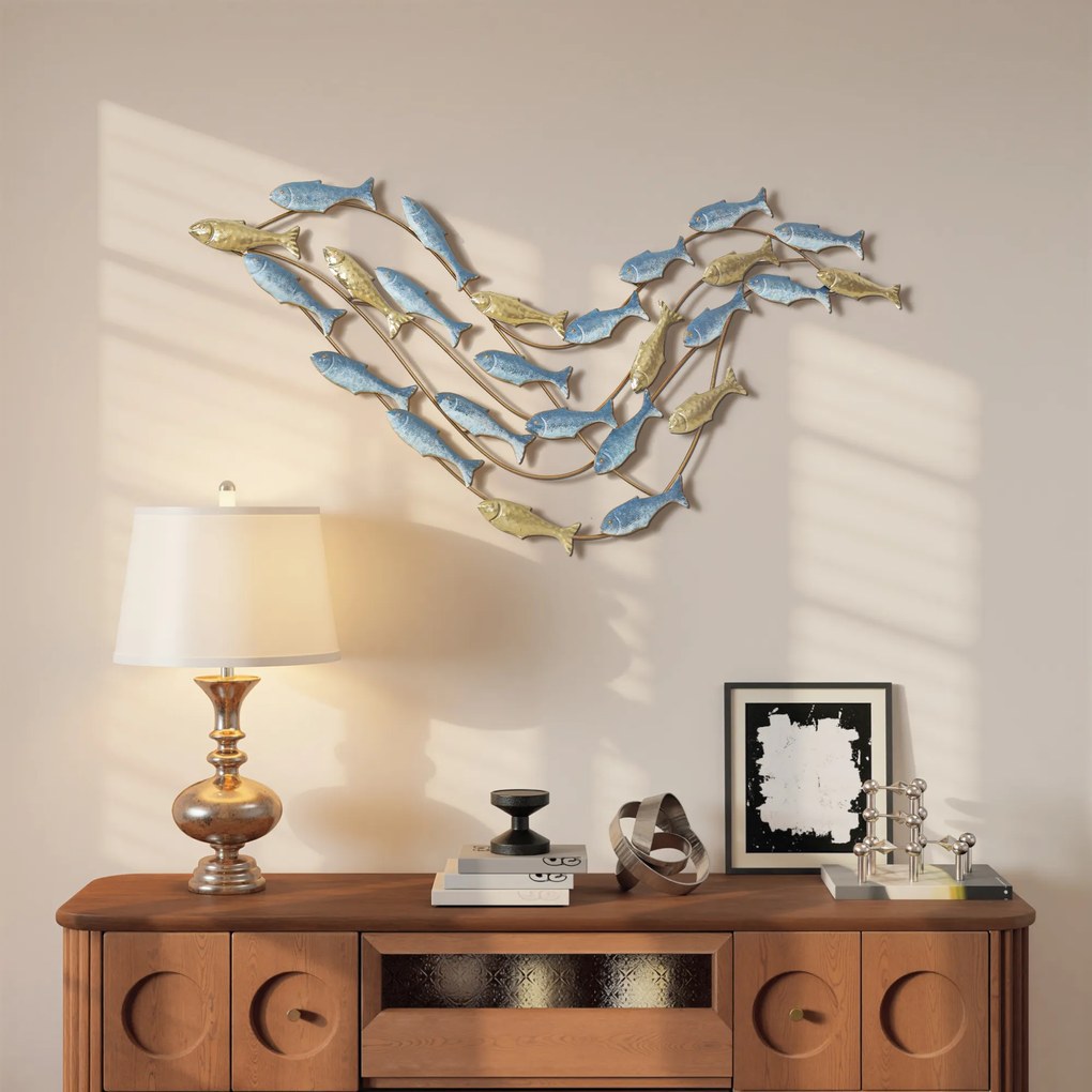 HOMCOM Sztuka ścienna z metalu, motyw ryb, odporna na rdzę, nowoczesny styl, elegancka, Jasnoniebieski | Aosom PL