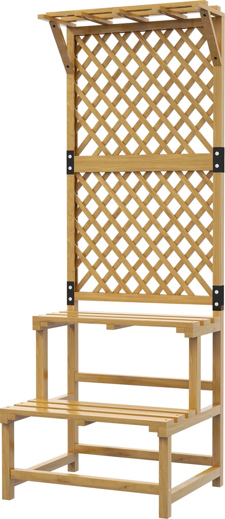 Outsunny Stojak na Rośliny, Regał na Kwiaty, 2 Poziomy, z Spalierem i Daszkiem, Drewno Jodłowe, 60x50x166cm, Żółty