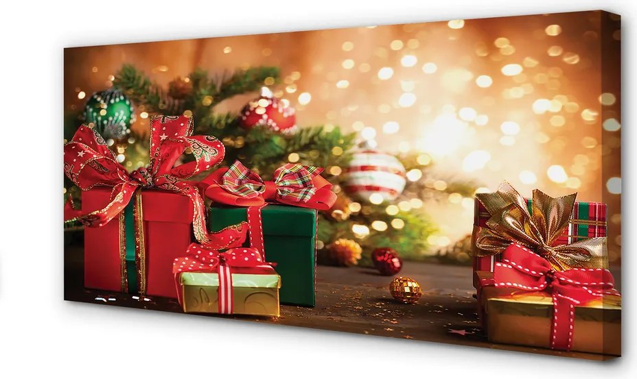 Obraz na płótnie Prezenty, Bombki i Lampki