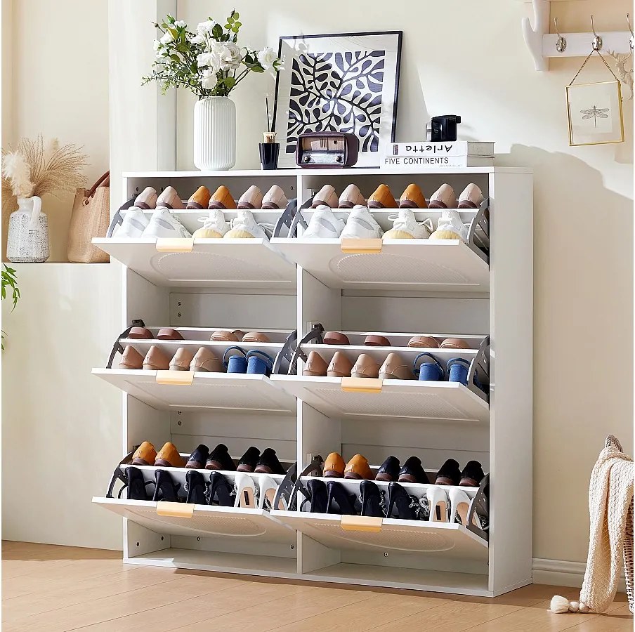 Nowoczesna szafka na buty 6-komorowa z drzwiami uchylnymi - 118 x 25 x 115 cm - do przedpokoju i korytarza - MDF - biała