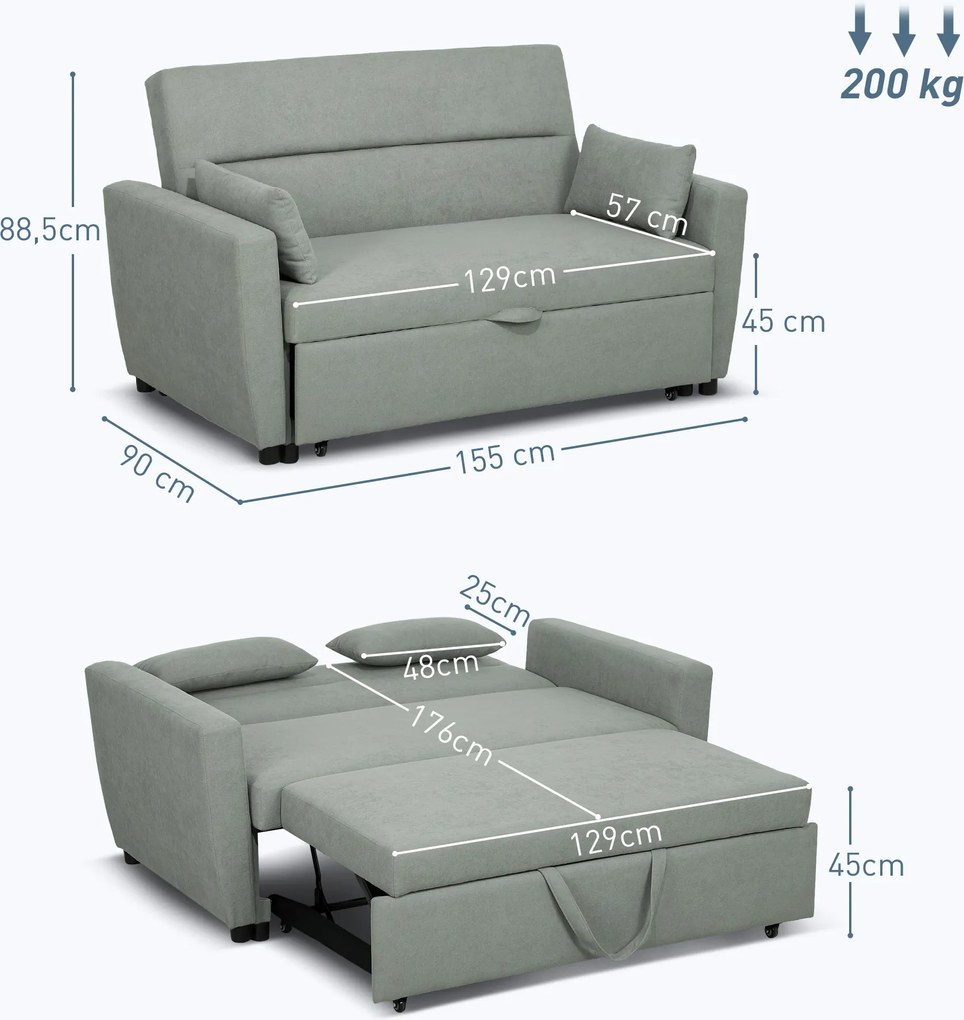 HOMCOM Sofa 2-osobowa z funkcją łóżka, Regulowane oparcie, Kanapa tapicerowana, Wygląd aksamitu, do salonu, sypialni, Jasnoszary