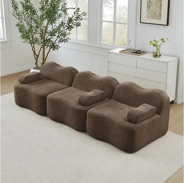 Canapé 3 places modulable forme vague en velours, avec coussin d'accoudoir, 288x98x70cm, Marron
