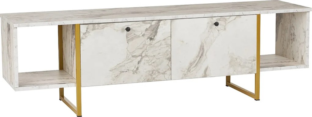 Szafka RTV 2 pary drzwiczek i 2 półki - Imitacja białego marmuru i złoty - DERANA