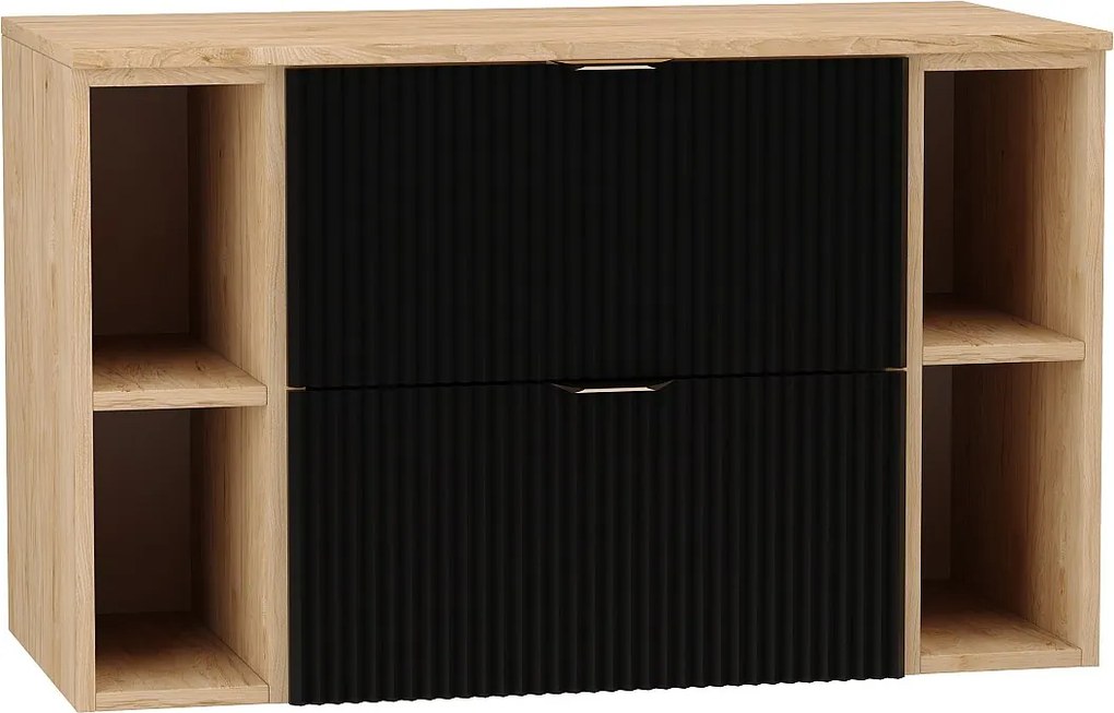 Czarny Zestaw Łazienkowy 100cm Szafka Blat Orzech Regały Orzech Ryflowane Fronty