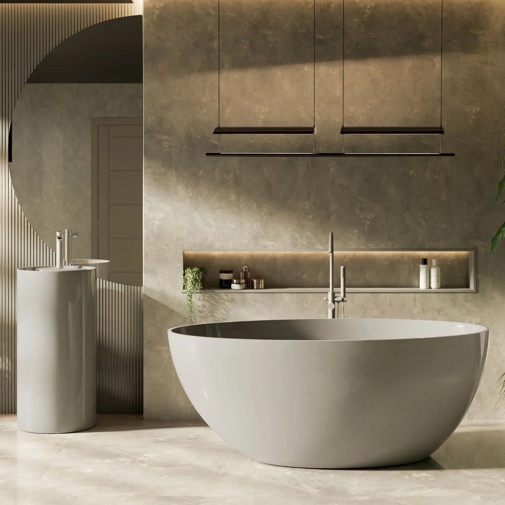 Zestaw KALMI z konglomeratu w kolorze szarym błyszczącym wanna wolnostojąca i umywalka wolnostojąca z konglomeratu