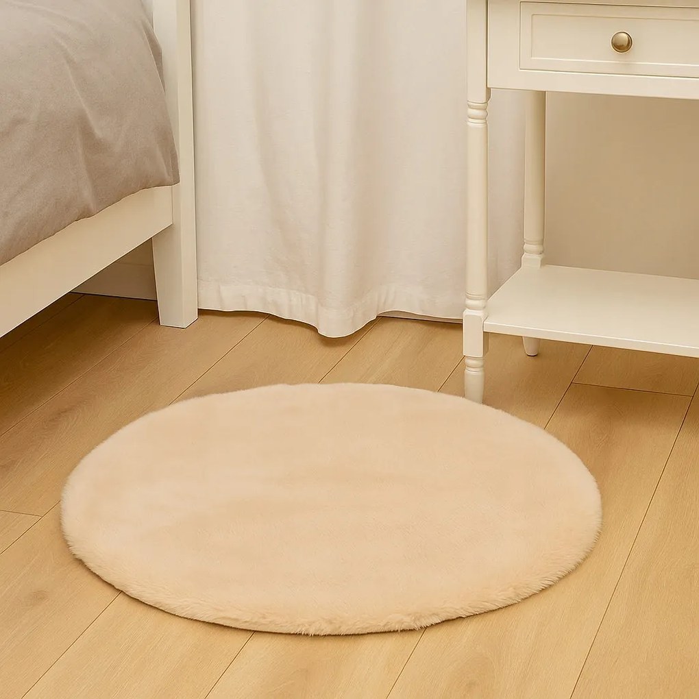 Dywanik futrzany kremowy okrągły FI80cm miękki puszysty guma antypoślizgowa