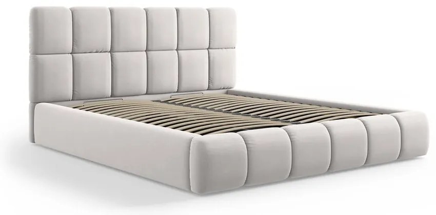 Jasnoszare aksamitne tapicerowane łóżko dwuosobowe ze schowkiem i stelażem 180x200 cm Bellis – Micadoni