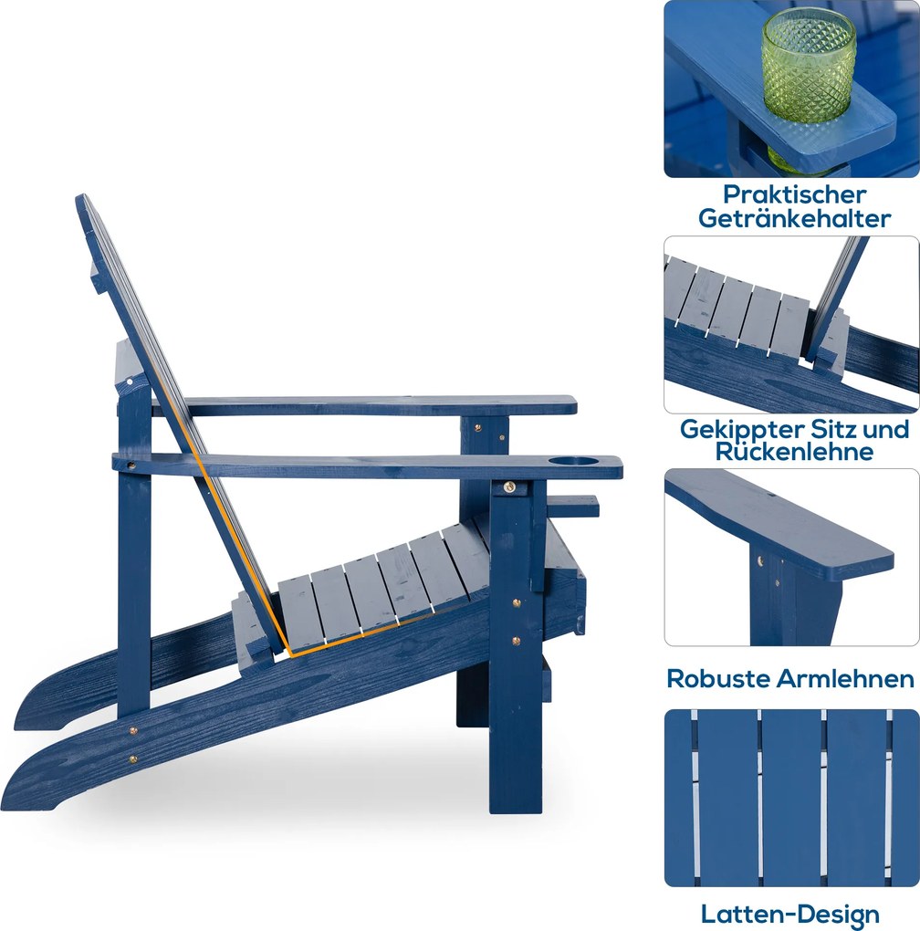 Outsunny krzesło ogrodowe Adirondack z uchwytem na kubek leżak ogrodowy krzesło balkonowe lite drewno kolor niebieski 97 x 72,5 x 93 cm