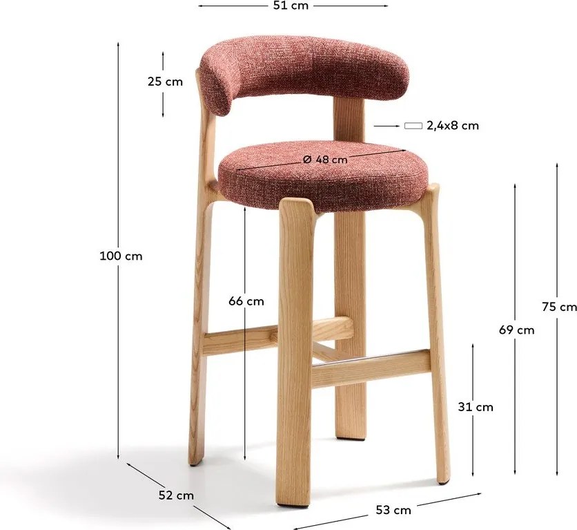 Hoker z litego drewna jesionowego w ceglasto-naturalnym kolorze (wysokość siedziska 75 cm) Granite – Kave Home