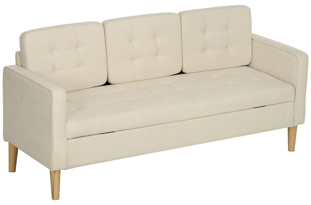 HOMCOM Sofa 3-osobowa z Przestrzenią do Przechowywania, Pikowana, Komfortowa Kanapa, 166,5 x 62 x 82 cm, Kolor Kremowy
