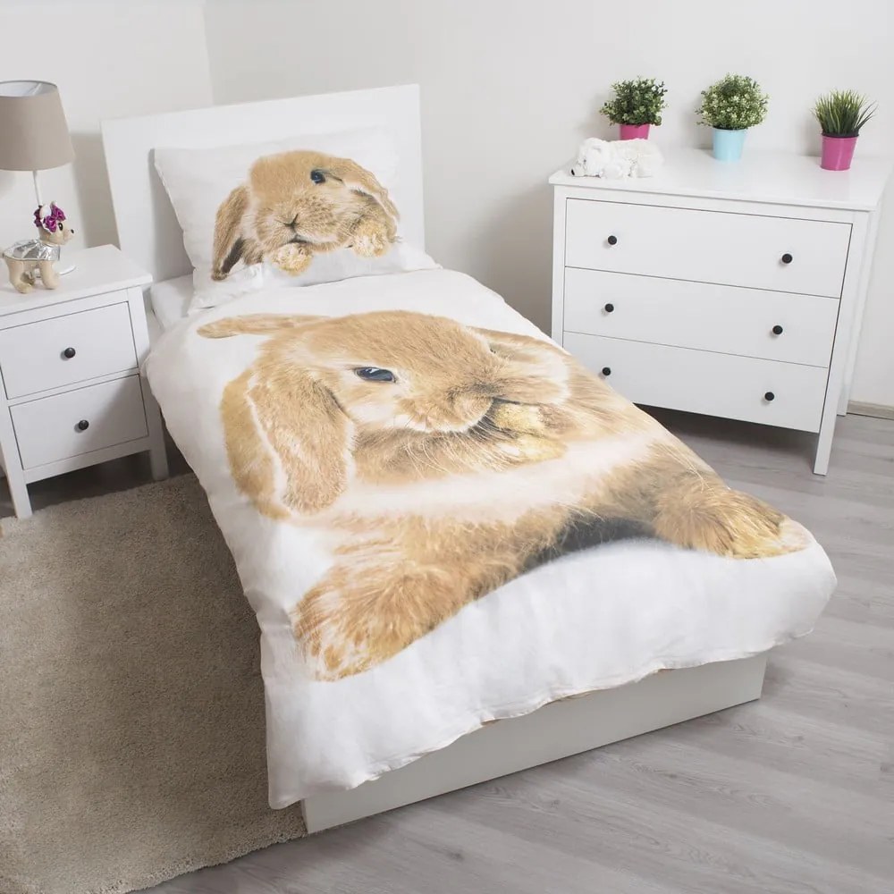 Biało-brązowa bawełniana pościel dziecięca jednoosobowa 140x200 cm Bunny – Jerry Fabrics