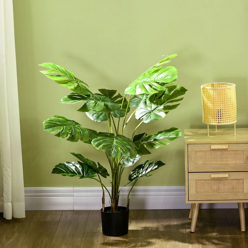 HOMCOM Sztuczna Roślina Monstera Deliciosa z Realistycznym Wyglądem, Doniczka i Cementowa Ziemia, 17,5 cm x 17,5 cm x 120 cm, Zielona