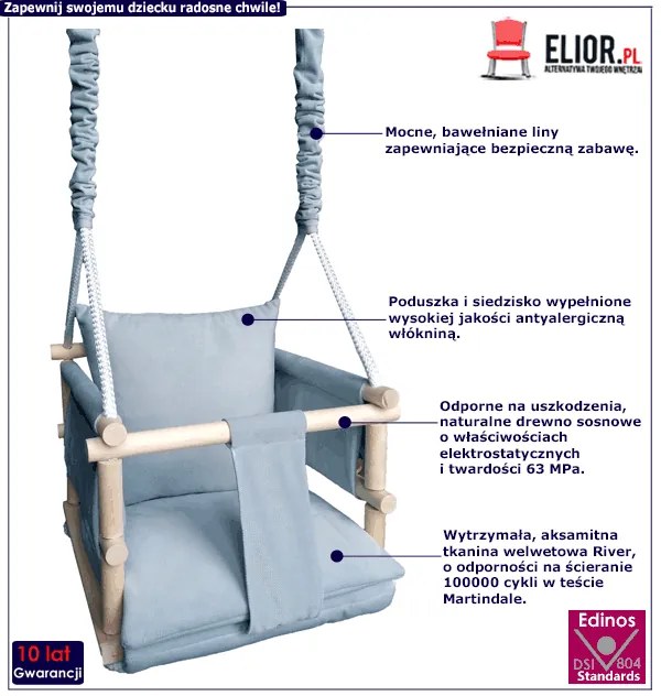 Szara welwetowa huśtawka dziecięca 3w1 L2-D40