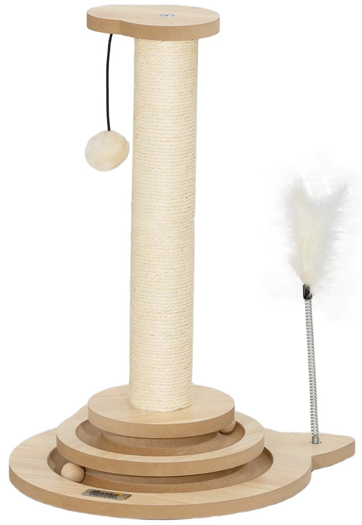 PawHut Drapak dla Kotów, 49 cm, Słup do Drapania z Sizalu, Tor z Kulami, Piłka, Zabawkowa Sprężyna, Design 4-w-1, Dąb, Biały